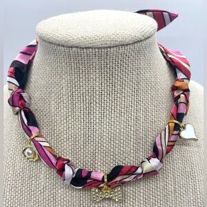 Pink Brown Mod Pattern Satin Scarf Charm Necklace w/Gold Charms Preppy Feminine